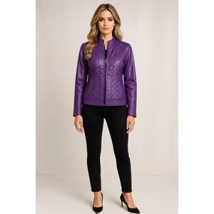 Susan Graver Jacket Womens S Purple Faux Leather Quilted Moto Biker‎ Modern Chic